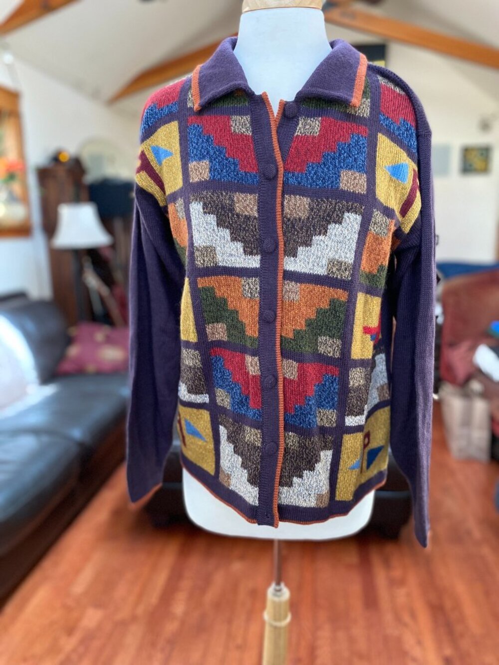 Baby alpaca wool button cardigan, purple multicolor with color, size l